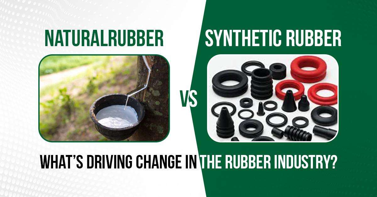Comparison of natural rubber and synthetic rubber showing latex collection from a rubber tree versus finished rubber components, highlighting changes in the rubber industry.