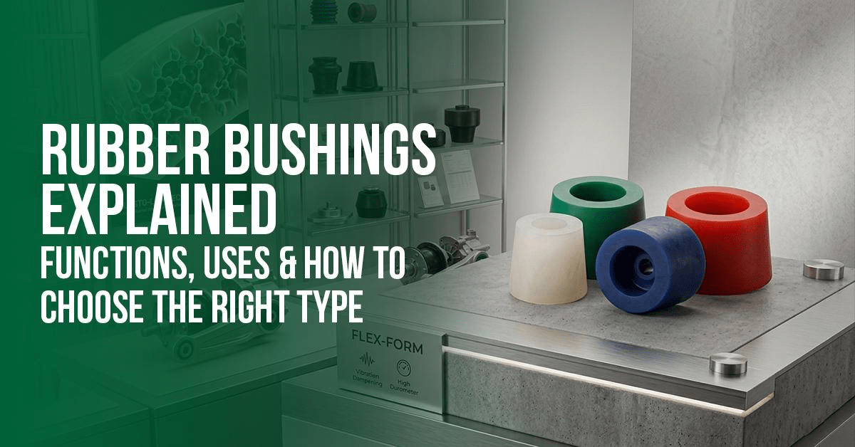 Colorful rubber bushings in green, white, blue, and red displayed on a concrete surface with the title 'Rubber Bushings Explained.